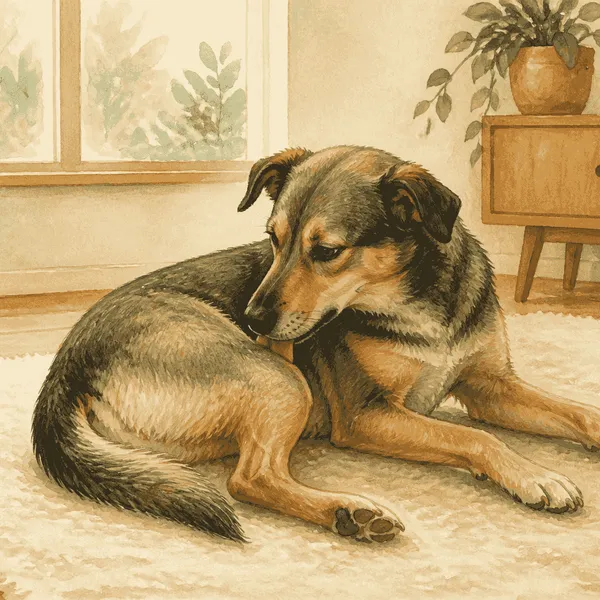 Calm mixed-breed dog pauses after grooming on a cream rug while a caregiver watches from a respectful distance.