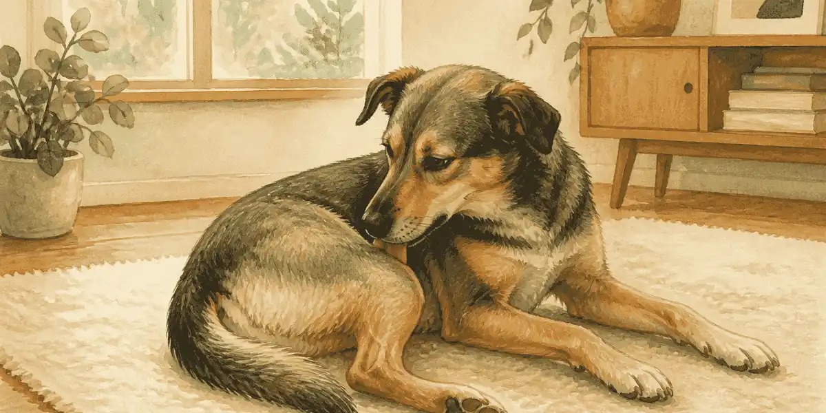 Calm mixed-breed dog pauses after grooming on a cream rug while a caregiver watches from a respectful distance.