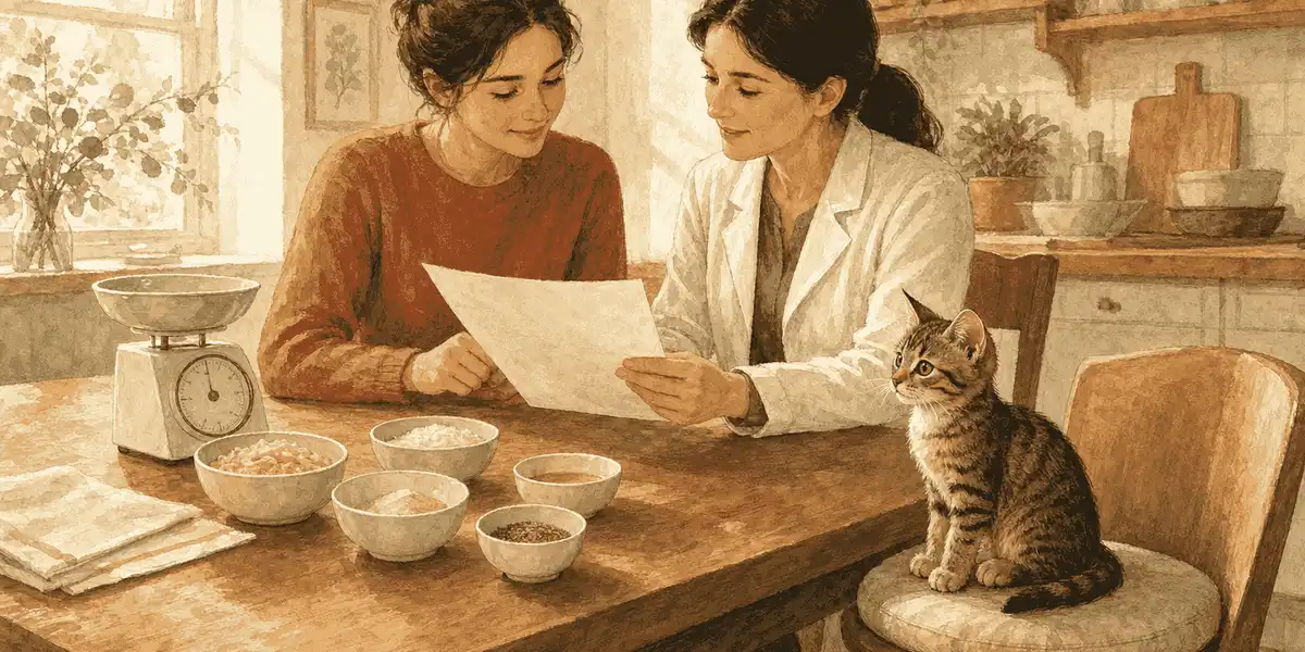 A tabby kitten sits beside a caregiver and veterinarian reviewing an unbranded recipe sheet with measured ingredients on a table.