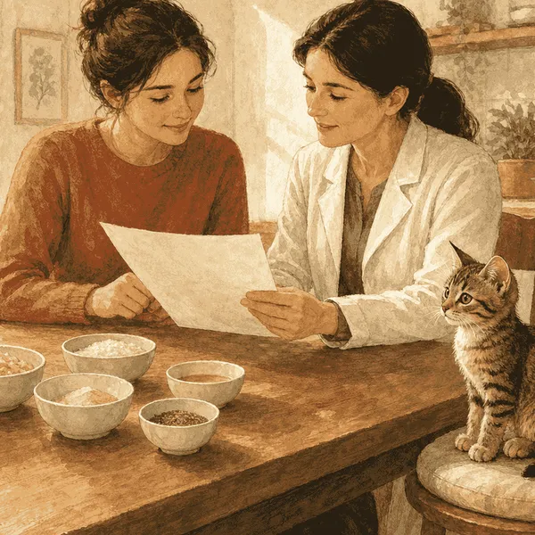 A tabby kitten sits beside a caregiver and veterinarian reviewing an unbranded recipe sheet with measured ingredients on a table.