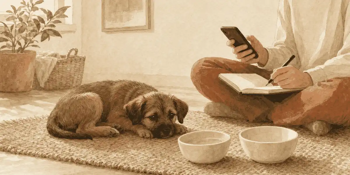 A small brown puppy rests near its familiar food and water bowls while a caregiver records observations before calling a veterinary clinic.