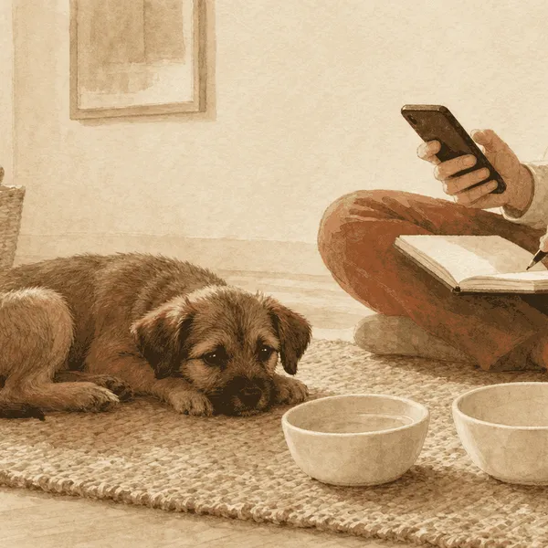 A small brown puppy rests near its familiar food and water bowls while a caregiver records observations before calling a veterinary clinic.