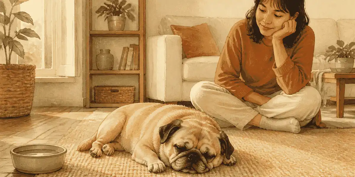 A flat-faced dog rests on a warm paper-colored rug while a caregiver observes quietly from nearby.
