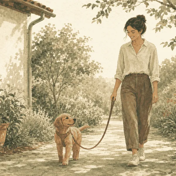 A golden-brown puppy walks beside a caregiver on a slack terracotta leash along a quiet garden path.