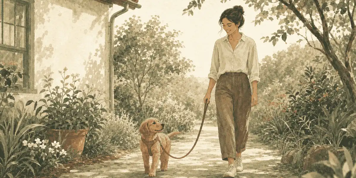 A golden-brown puppy walks beside a caregiver on a slack terracotta leash along a quiet garden path.