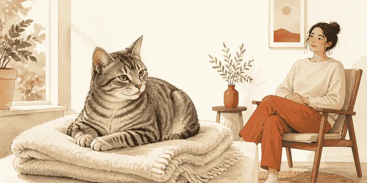A gray tabby cat rests beside a folded cream blanket after grooming while a caregiver watches from a nearby chair.