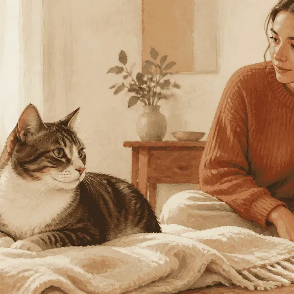 A caregiver pauses beside a cat resting on a quiet blanket while reaching for a phone to call a veterinarian.