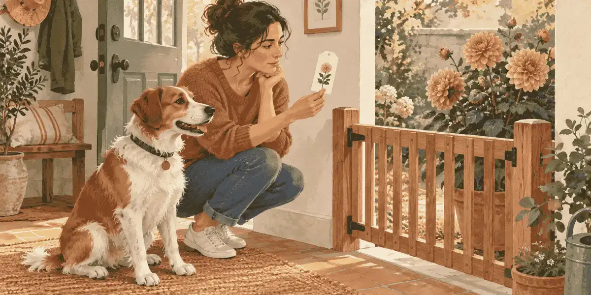 A caregiver checks a dahlia plant label while a dog waits behind a low indoor gate.
