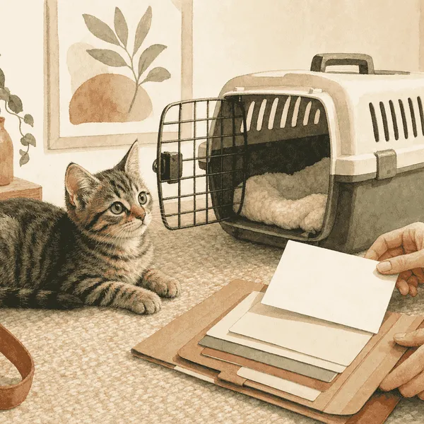 A tabby kitten rests beside an open carrier while a caregiver organizes veterinary records and a question card.