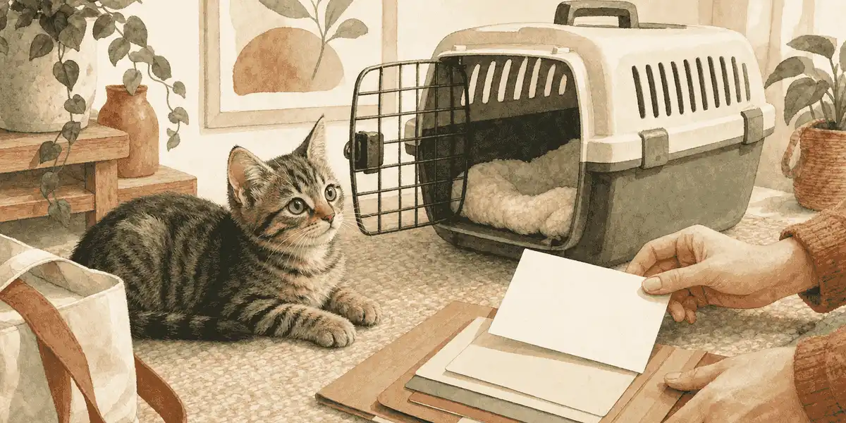 A tabby kitten rests beside an open carrier while a caregiver organizes veterinary records and a question card.