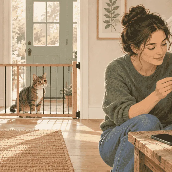 A cat watches from behind a low barrier while a caregiver checks a snapdragon plant label beside a phone and notebook.