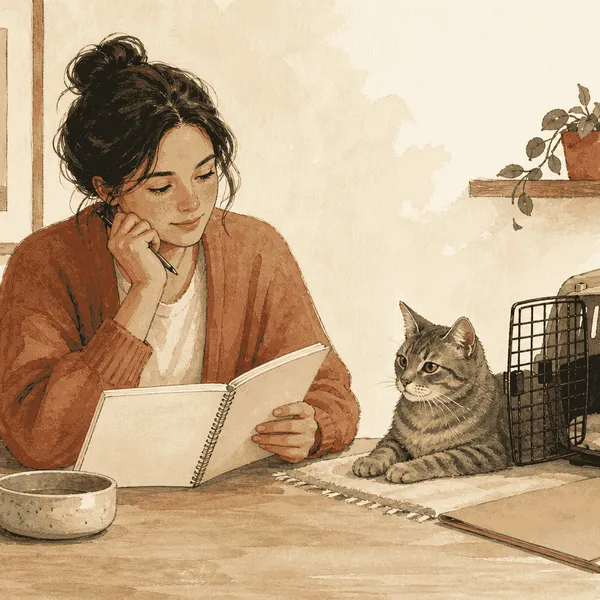 A prospective cat adopter reviews a household budget at a table while a gray tabby rests beside an open carrier.