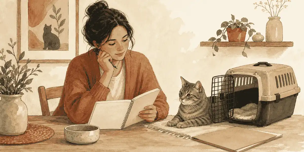 A prospective cat adopter reviews a household budget at a table while a gray tabby rests beside an open carrier.