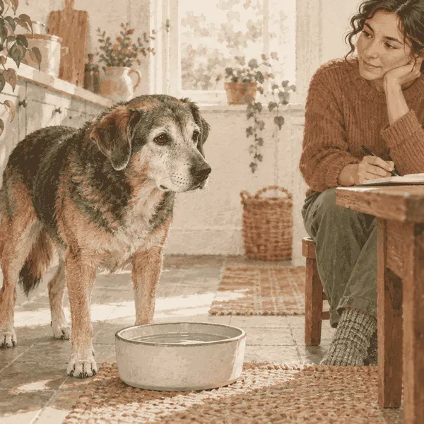An older dog stands beside a clean water bowl while a caregiver records an observation at a kitchen table.