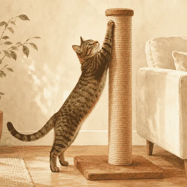 A tabby cat stretches against a tall, stable scratching post beside a cream sofa.
