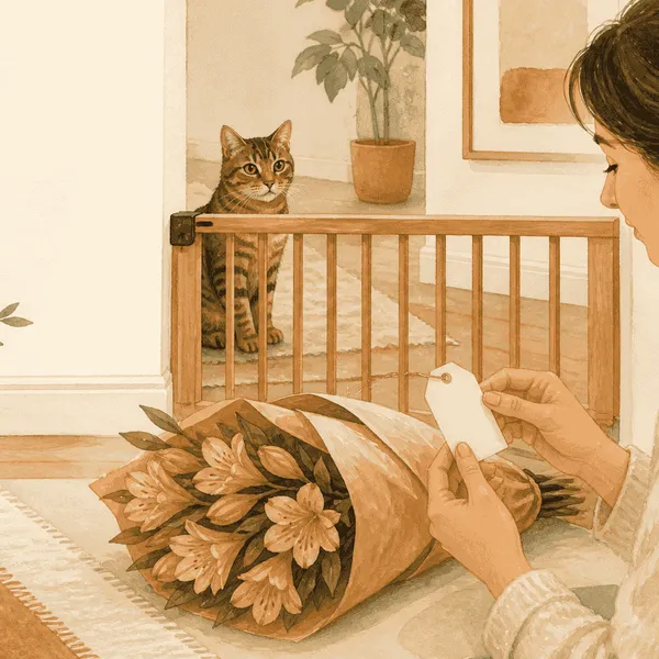A tabby cat watches from behind a low gate while a caregiver checks a Peruvian Lily label beside a closed bouquet.