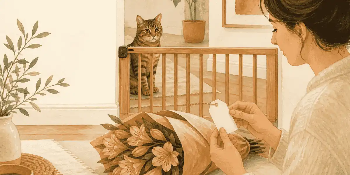 A tabby cat watches from behind a low gate while a caregiver checks a Peruvian Lily label beside a closed bouquet.