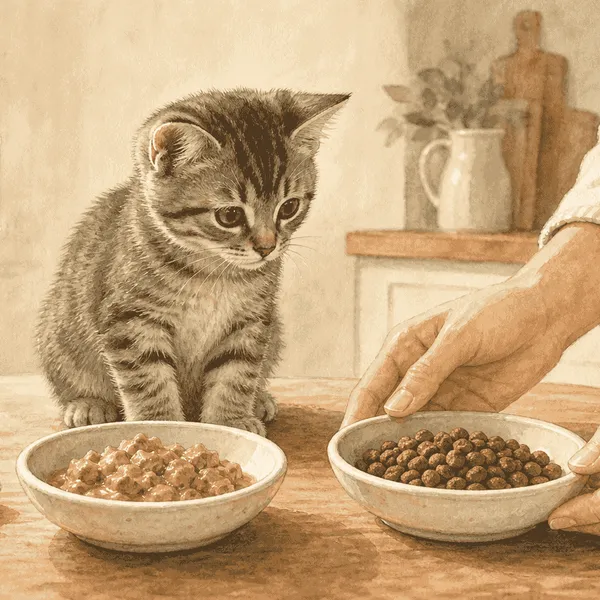A gray tabby kitten watches a caregiver place unbranded wet and dry food bowls on a wooden kitchen table.