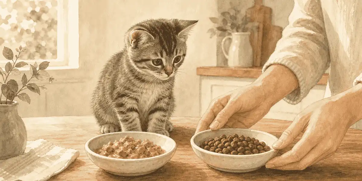 A gray tabby kitten watches a caregiver place unbranded wet and dry food bowls on a wooden kitchen table.