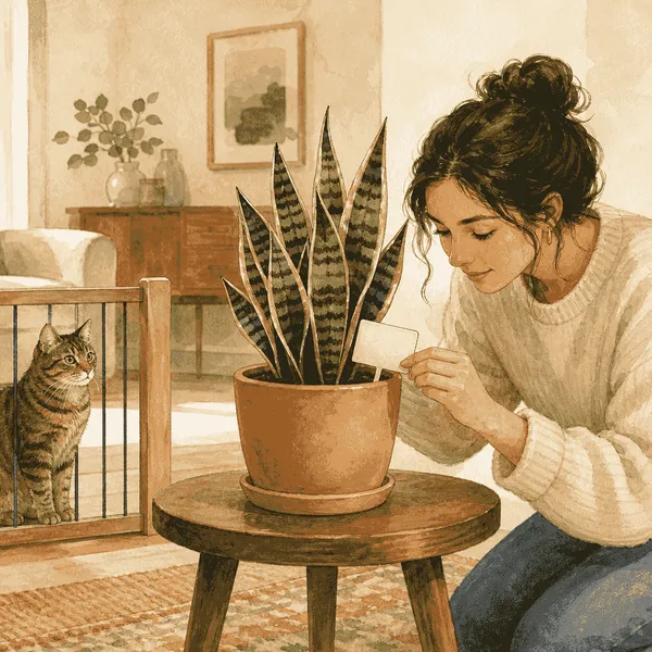 A tabby cat waits behind a low gate while a caregiver checks the label on a potted snake plant.