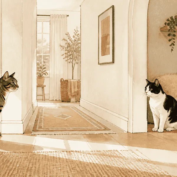 Two domestic cats pause at opposite ends of a warm hallway with open routes to separate retreats.