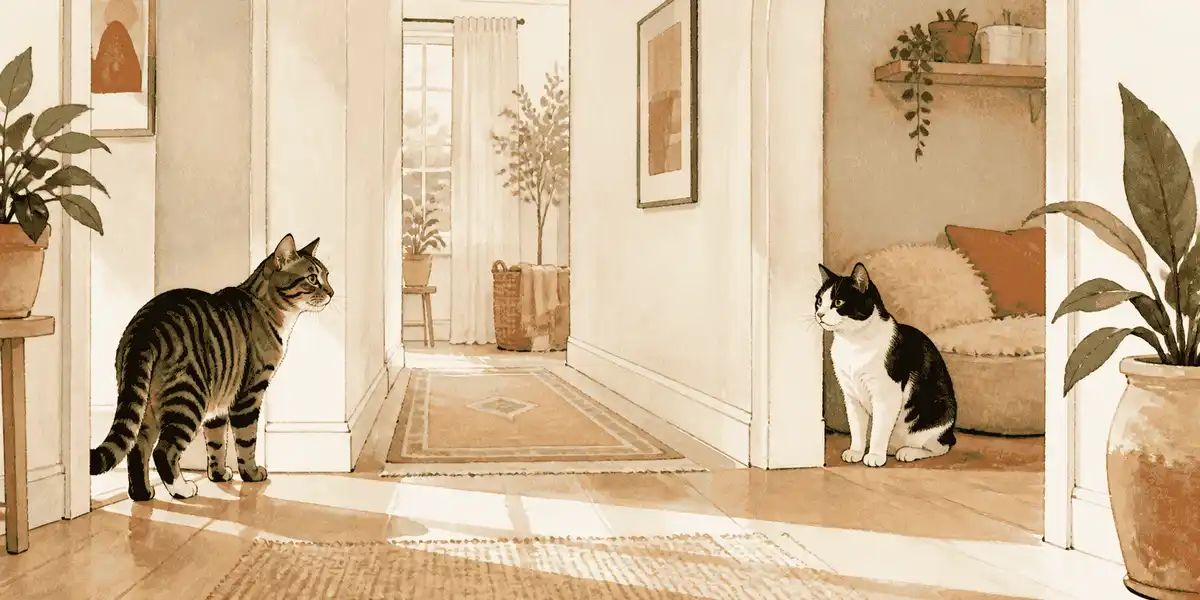 Two domestic cats pause at opposite ends of a warm hallway with open routes to separate retreats.