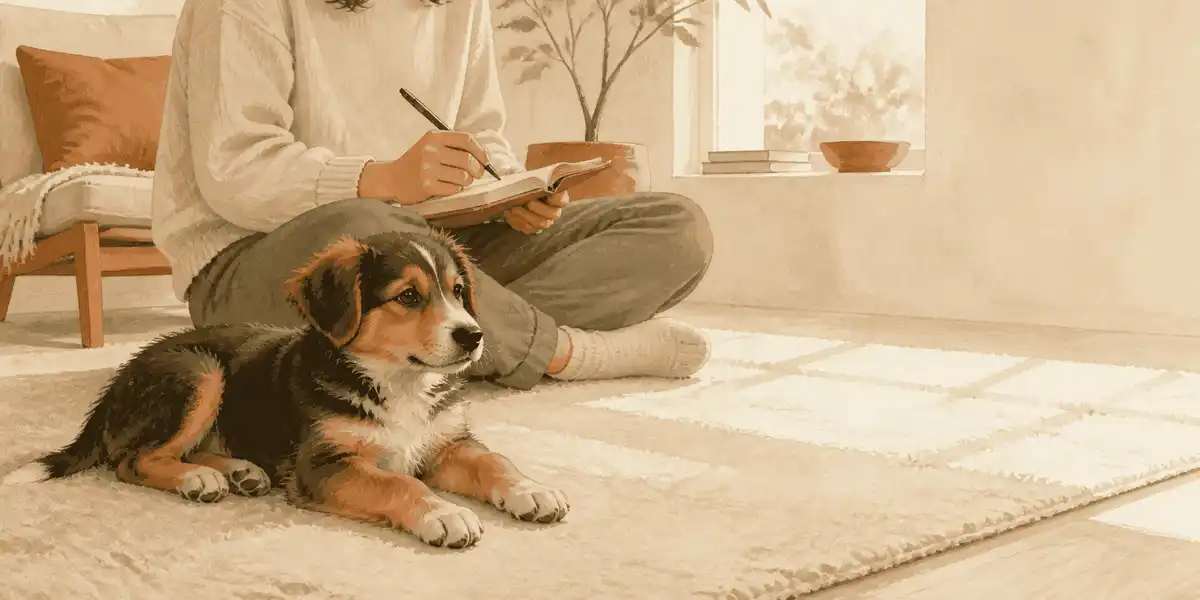 A young puppy resting beside a caregiver writing an observation in a notebook.