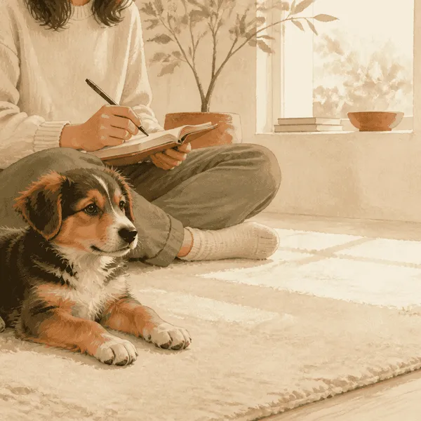 A young puppy resting beside a caregiver writing an observation in a notebook.