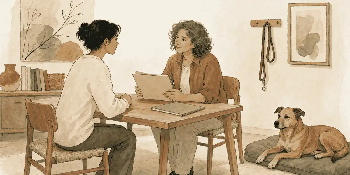 A prospective adopter speaks with a rehoming caregiver while a calm mixed-breed dog rests nearby in a quiet meeting room.