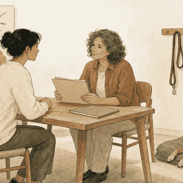 A prospective adopter speaks with a rehoming caregiver while a calm mixed-breed dog rests nearby in a quiet meeting room.