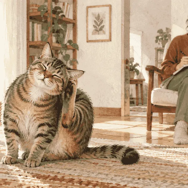 A tabby cat pauses beside a quiet window while a caregiver observes its ear and writes a note from a respectful distance.