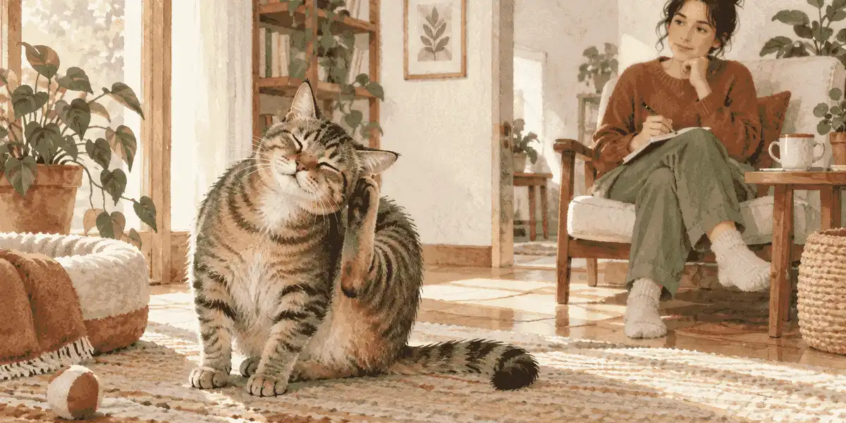 A tabby cat pauses beside a quiet window while a caregiver observes its ear and writes a note from a respectful distance.