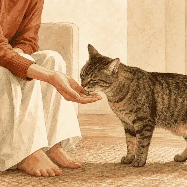 A tabby cat gently licks a seated caregiver's relaxed open hand in a warm living room.