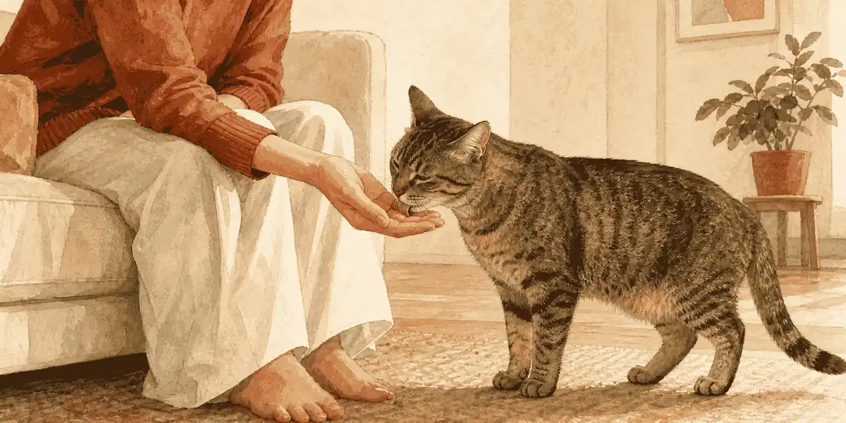 A tabby cat gently licks a seated caregiver's relaxed open hand in a warm living room.