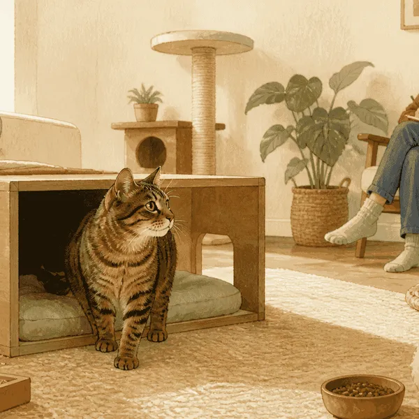 A tabby cat sits between a quiet retreat and separated home resources while a caregiver records observations from a respectful distance.