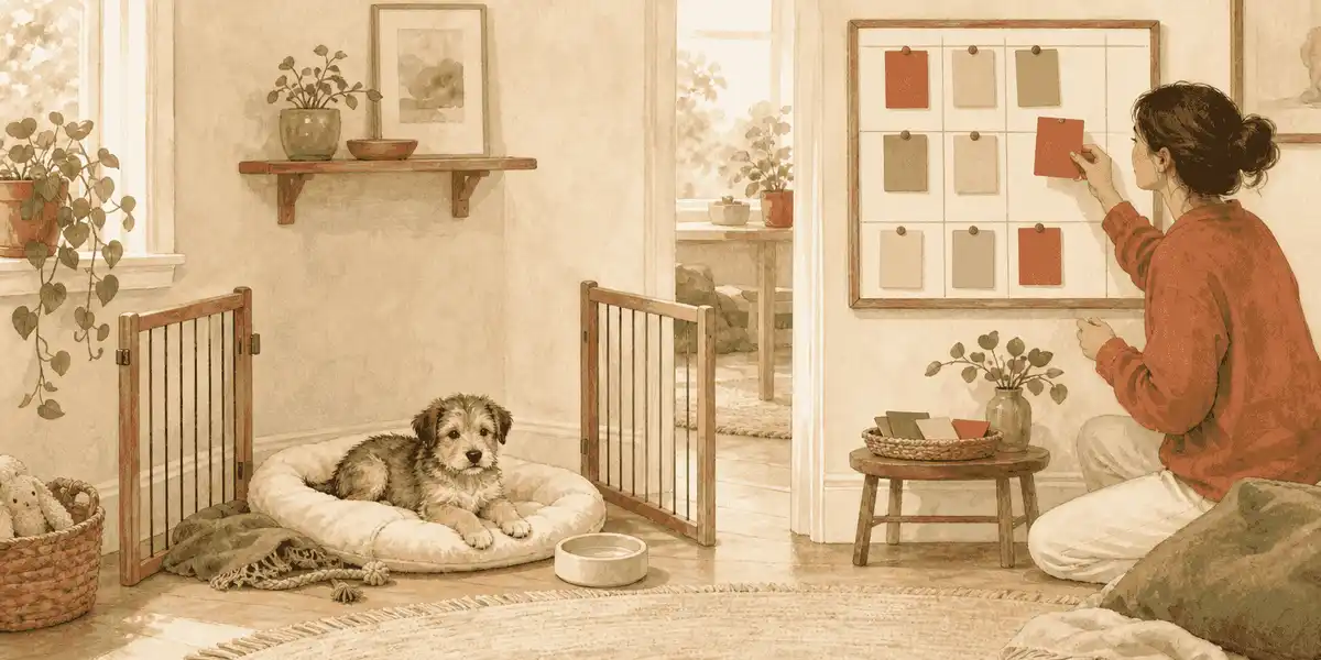 Young puppy resting in an open home pen while a caregiver reviews a simple preparation board nearby.