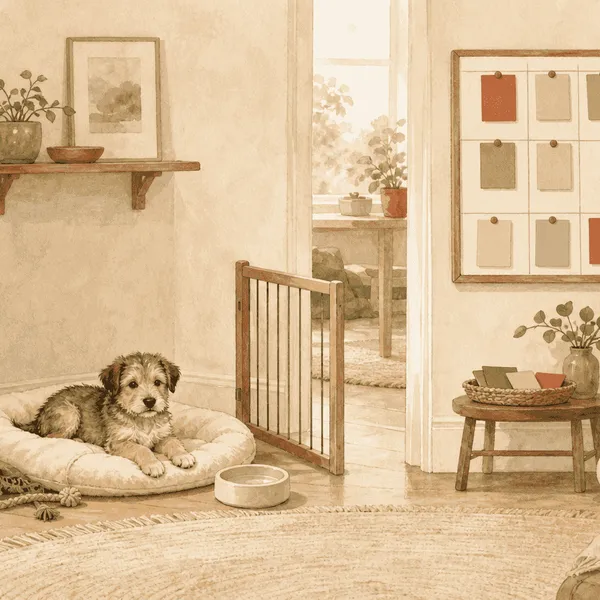 Young puppy resting in an open home pen while a caregiver reviews a simple preparation board nearby.