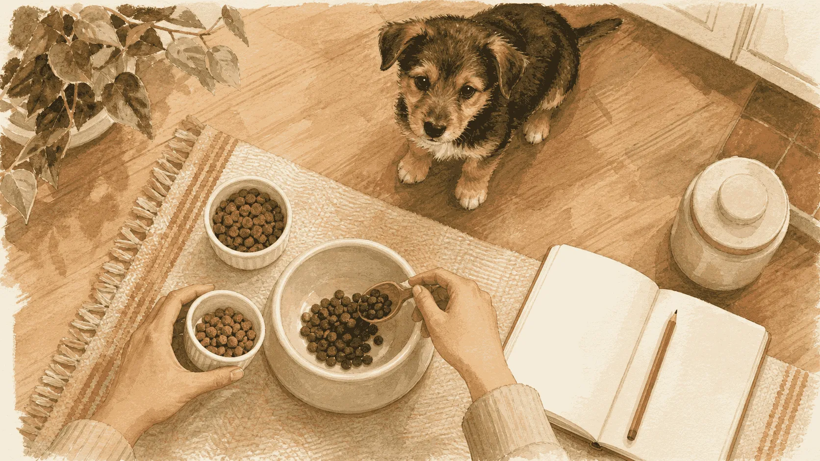 A caregiver combines food gradually in a plain bowl while a bright puppy waits nearby and a simple observation notebook rests on the floor.