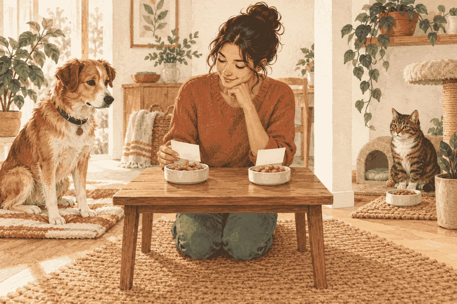 A caregiver compares two plain treat labels while a dog waits calmly near separate cat and dog bowls.