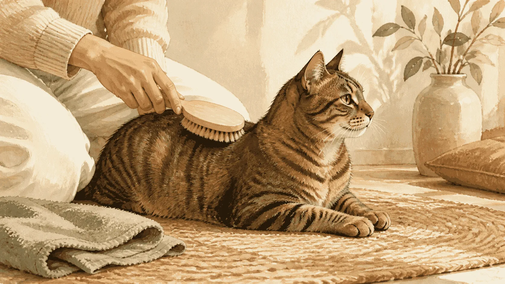 A caregiver gently brushes a tabby cat's shoulder and back while the cat's facial whiskers remain untouched.