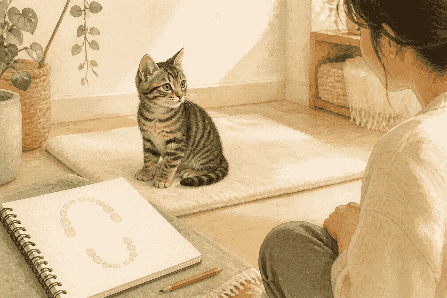 A tabby kitten sits on a soft mat while a caregiver observes from a respectful distance beside a blank notebook with simple tooth shapes.
