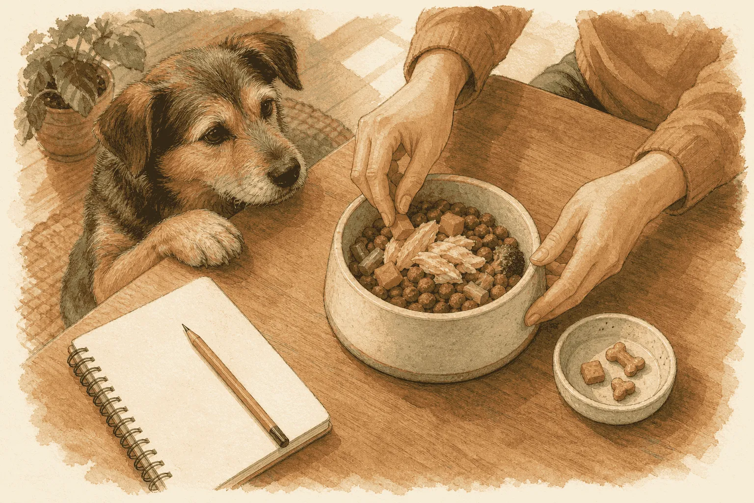 A mixed-breed dog watches as a caregiver prepares a food bowl beside a small dish holding three treats.