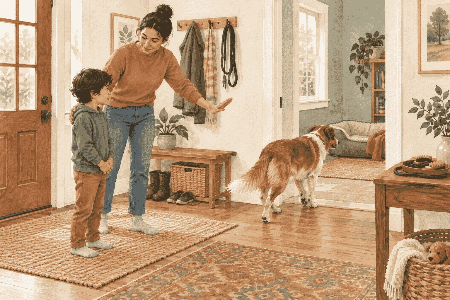 A child sits beside a parent who points to a simple dog-care checklist while the dog rests on a mat with a clear path away.