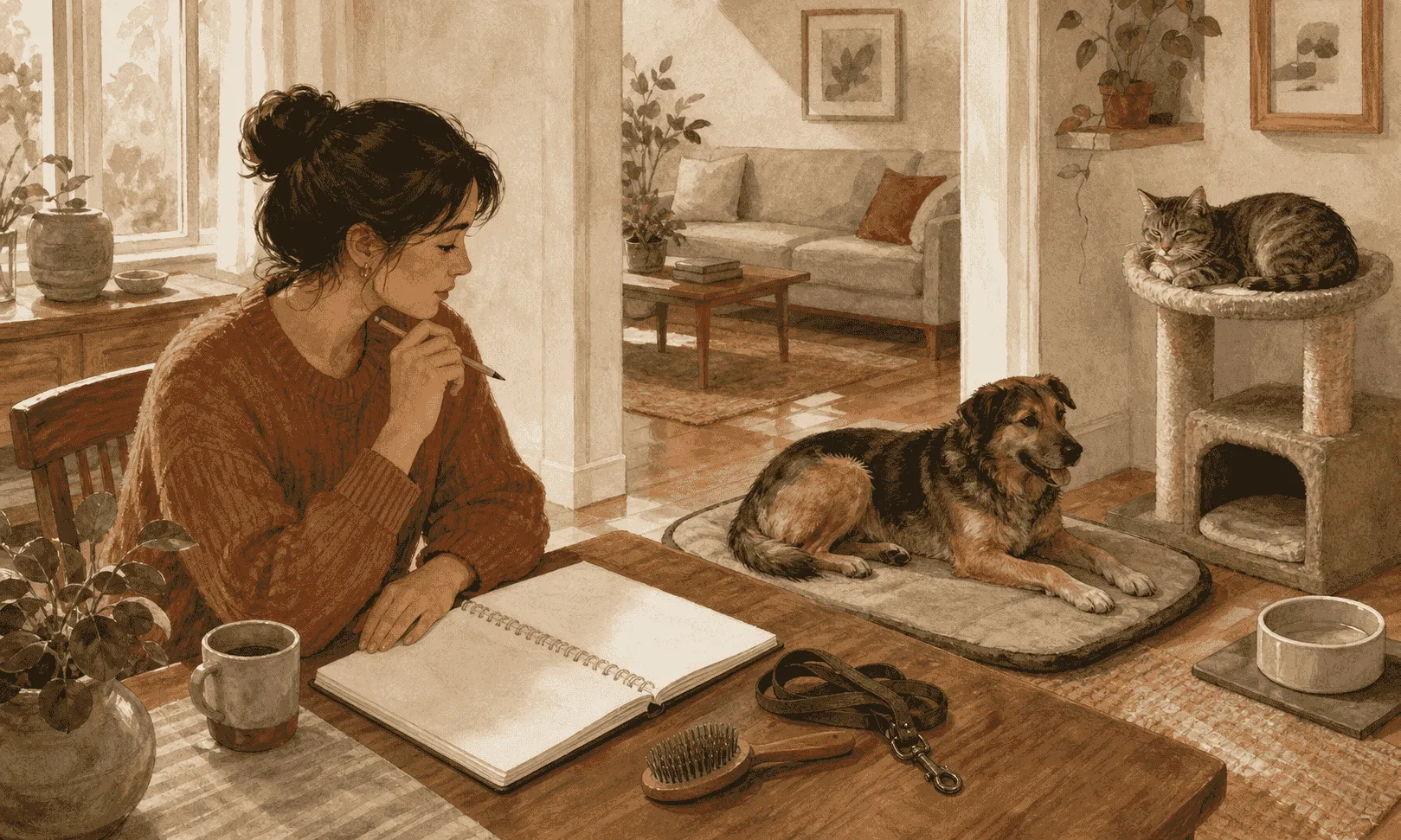 A caregiver reviews an unmarked weekly planner at a table beside a leash and grooming brush, while a cat rests near a perch and a dog relaxes on a mat.