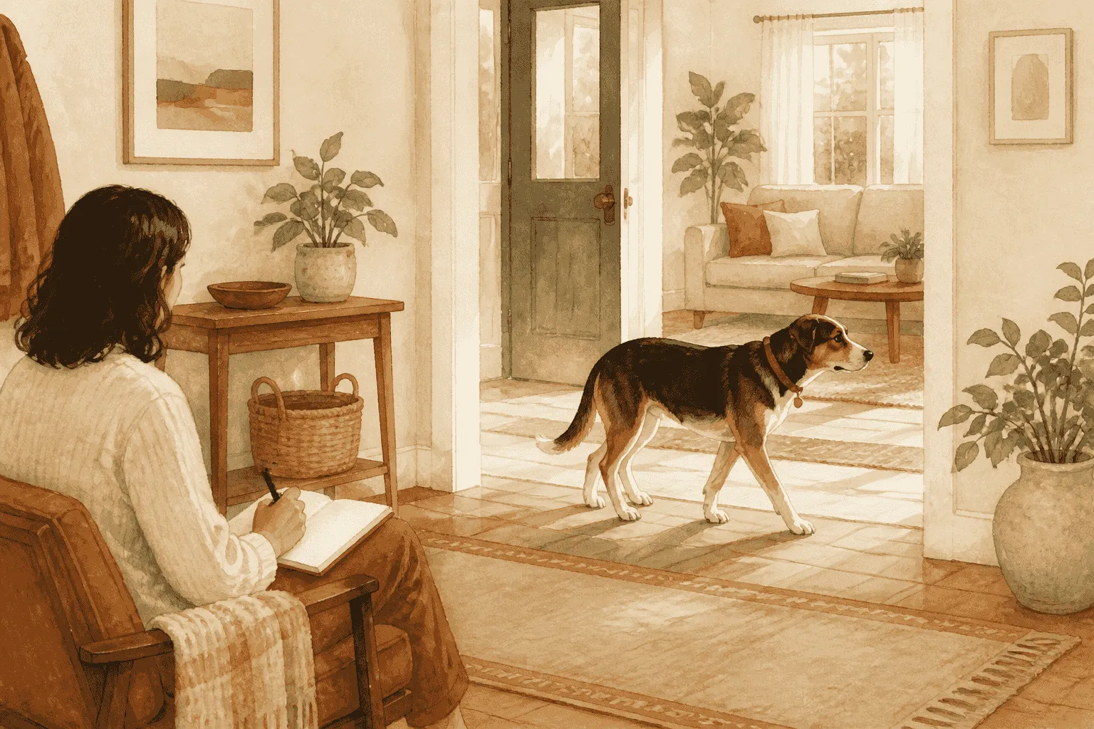 A caregiver writes in a notebook while a mixed-breed dog walks along an open route through a bright home.