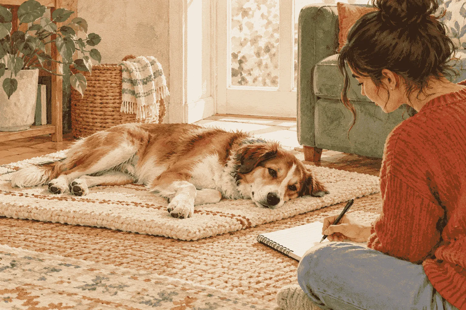 A caregiver writes down when a dog’s localized skin change began while the relaxed dog rests on a cream mat nearby.