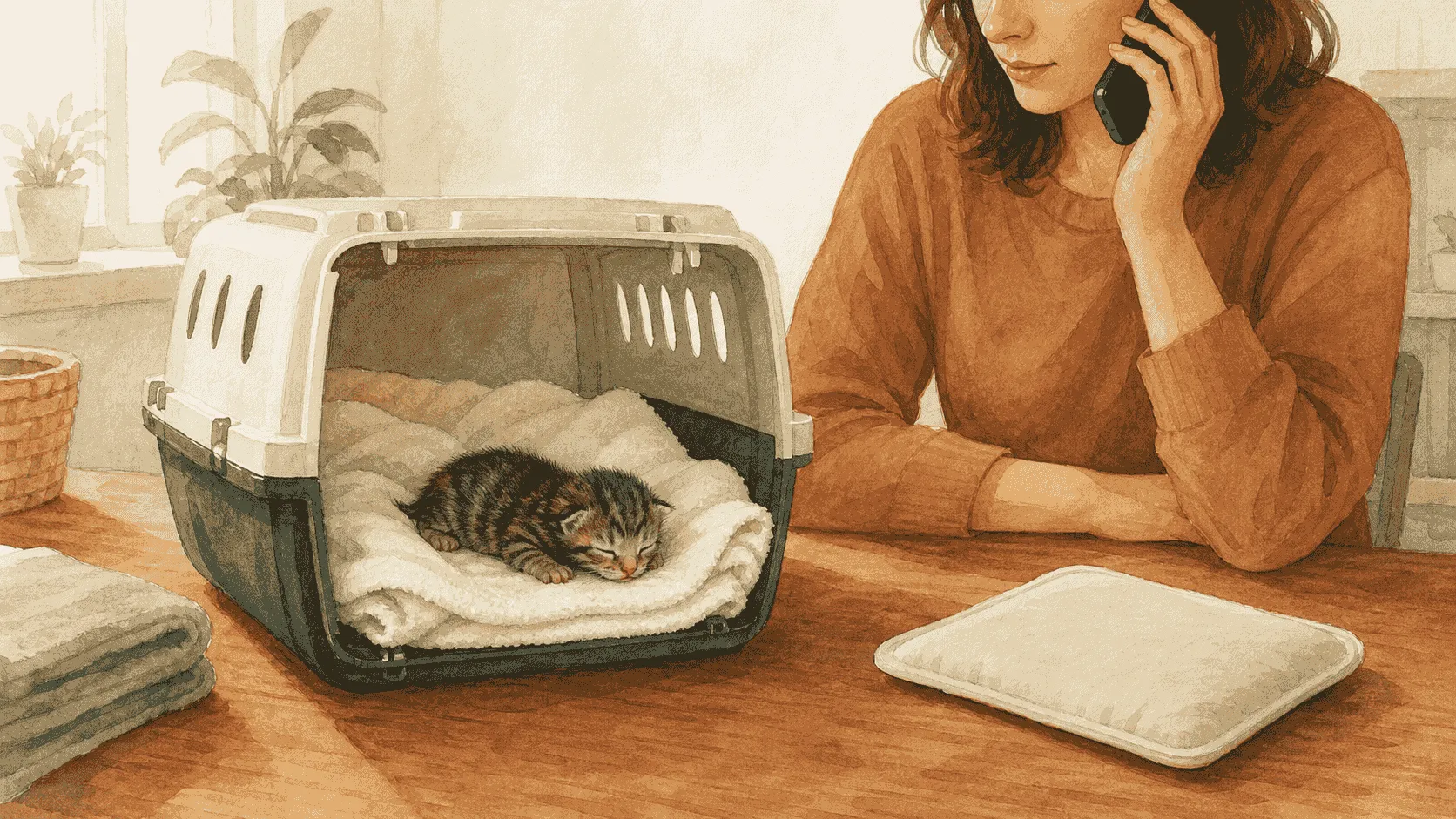 A newborn tabby kitten lying in a dry towel-lined carrier beside a safely separated warm pack while a caregiver speaks on the phone.