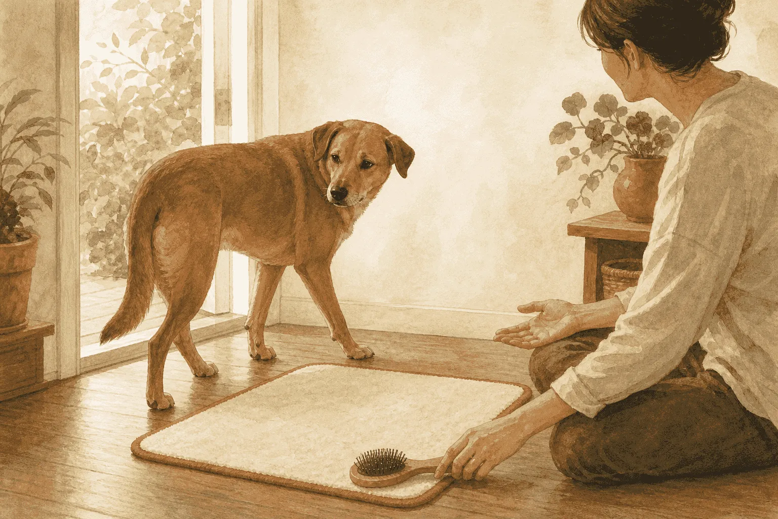 A short-coated dog steps away from a cream grooming mat while a seated caregiver lowers the brush and leaves the doorway clear.