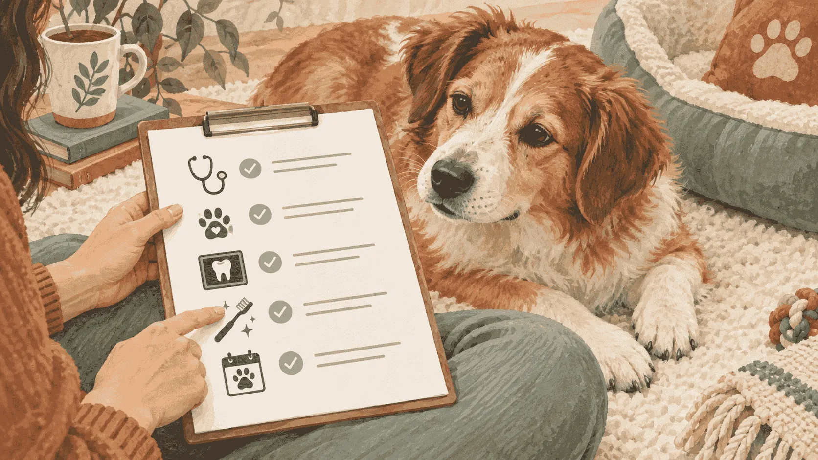 A caregiver highlights simple line items on an unbranded dog dental estimate while a relaxed dog waits nearby on a cream mat.