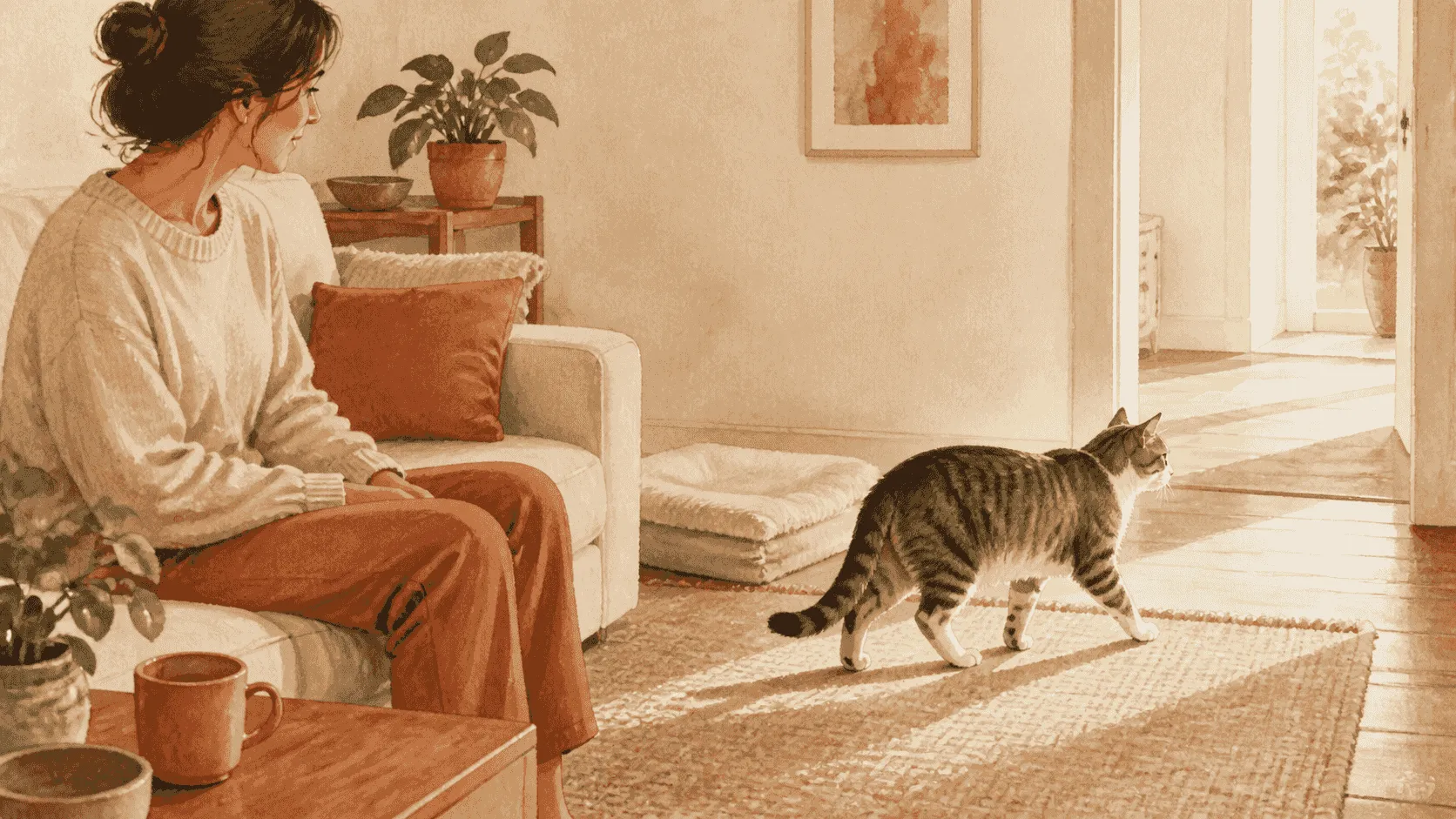 A gray tabby cat steps from a caregiver's lap toward an open doorway while the caregiver keeps both hands back and leaves the route clear.
